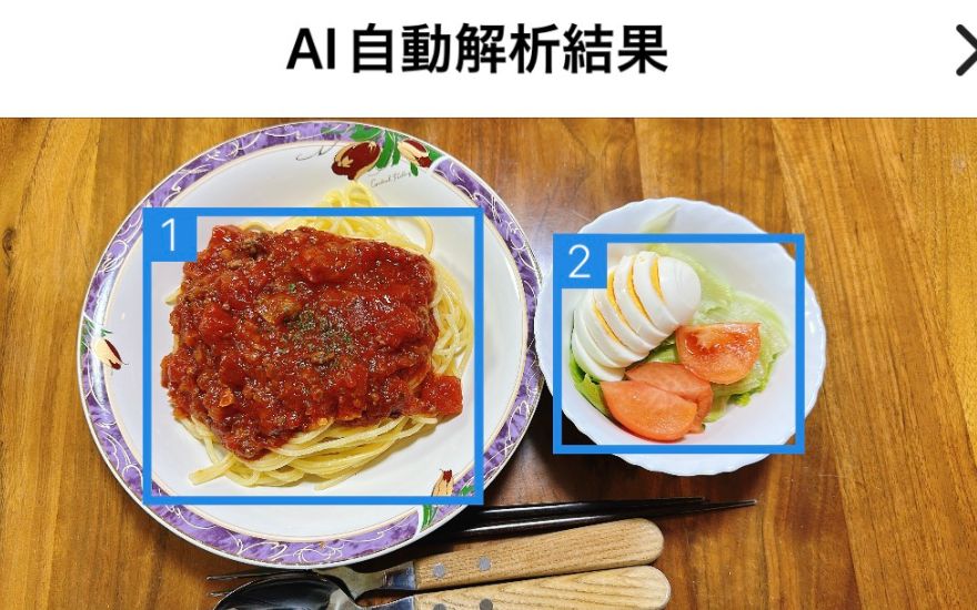 食事（ミートスパゲッティとサラダ）のAI解析結果